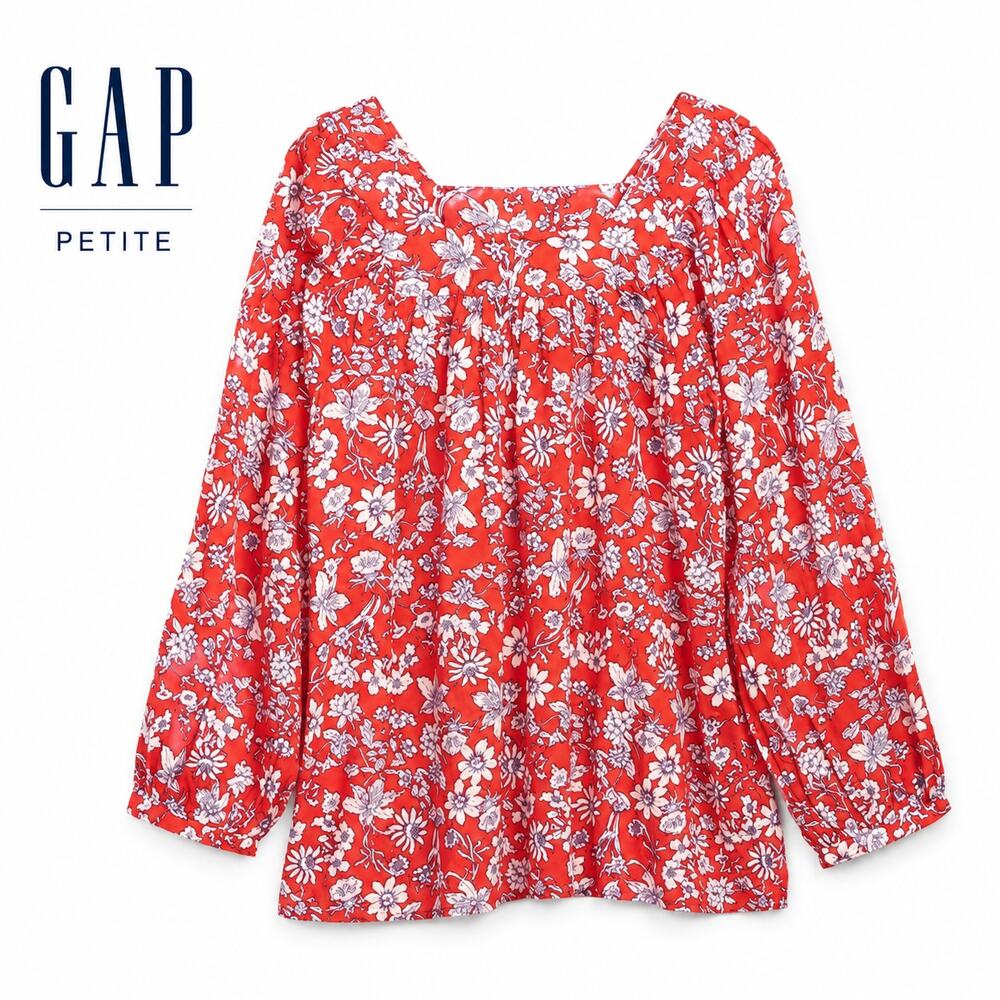 GAP Petite Red Floral Square Neck Blouse NWT Large Peasant Boho Top